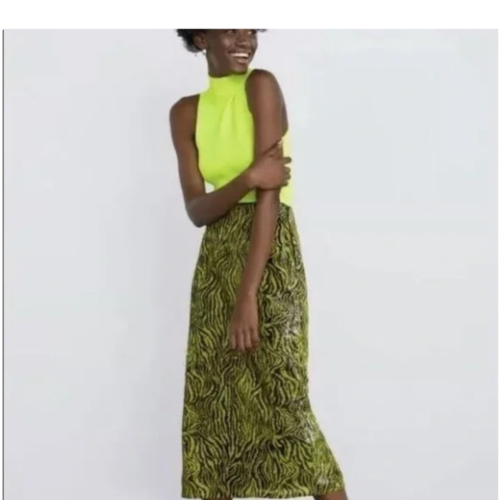 Zara Lime and Black Zebra Sequinned Midi Skirt NWOT